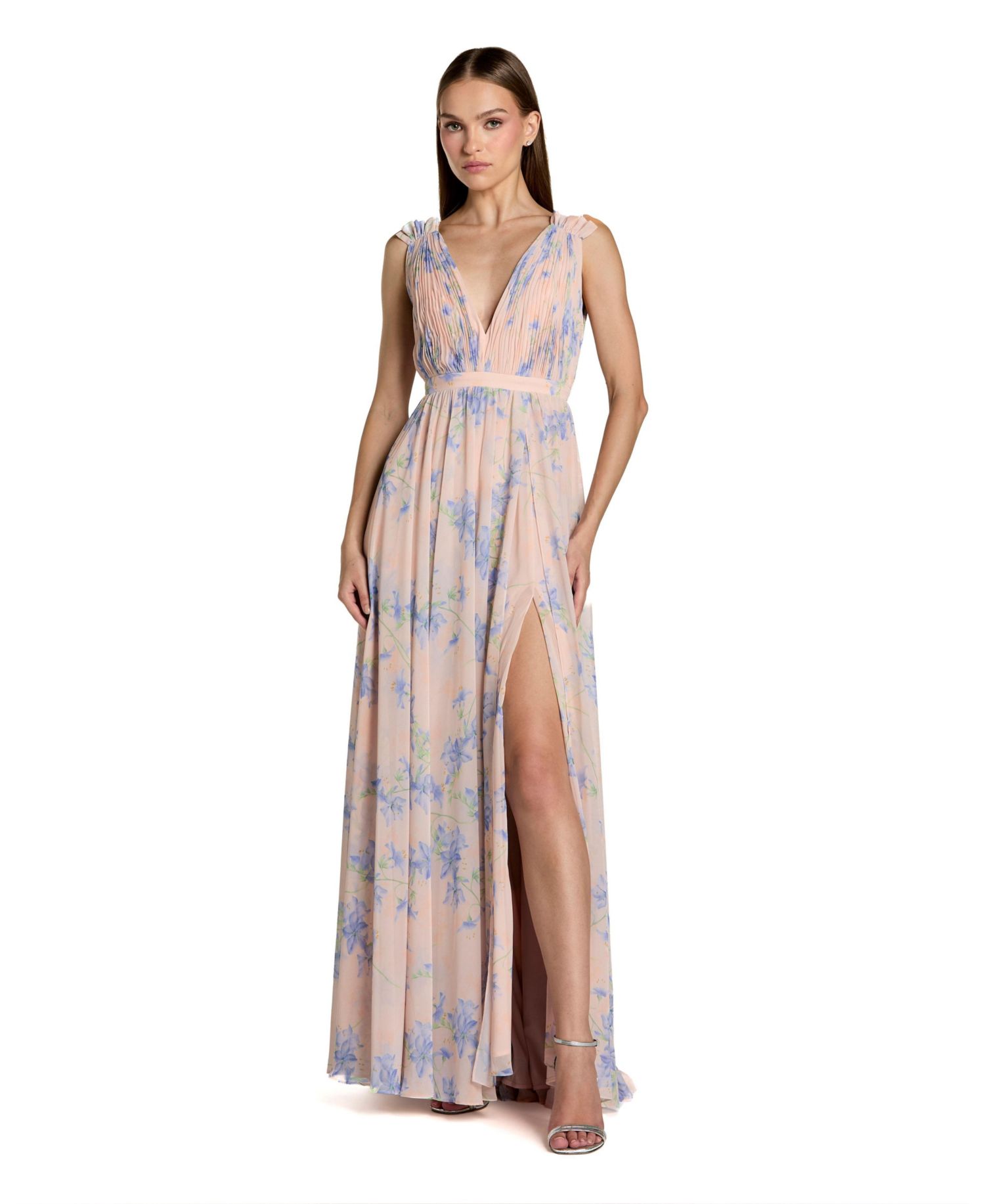 Women's Sleeveless Pleated Chiffon V-Neck Gown