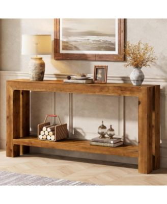 63-Inch Solid Wood Entryway Console Table, Farmhouse Narrow Couch Table Behind Sofa with 2-Tier Storage for Hallway, Living Room, Foyer