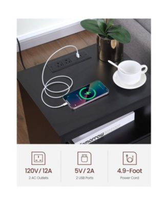 Nightstand with Charging Station & 2 Drawers, Black