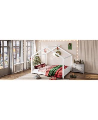 Queen House Floor Bed with Slats, Solid Wood Frame for Kids