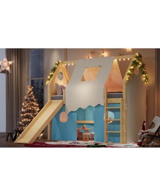 Twin Size House Loft Bed with Sills, Tents, Slide, Lights