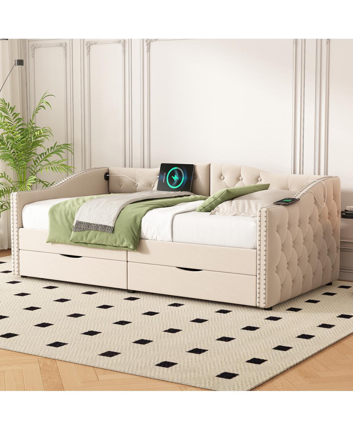 Streamdale Furniture Upholstered Beige Daybed with Storage Drawers - Twin Size