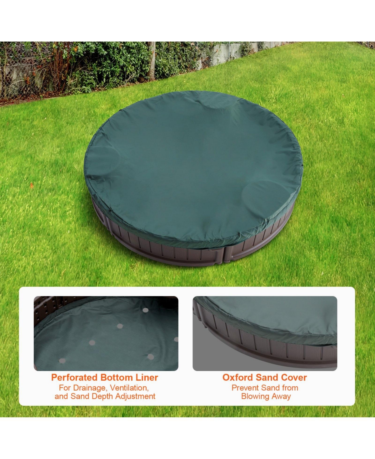 Slickblue Sandbox with Cover, 47.2 x 9.1 in Round Sand Box, Hdpe Sand Pit with 3 Corner Seating and Bottom Liner