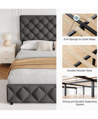 Bed Frame with 4 Storage Drawers and Headboard, Linen Upholstered Platform Bed frame - Queen