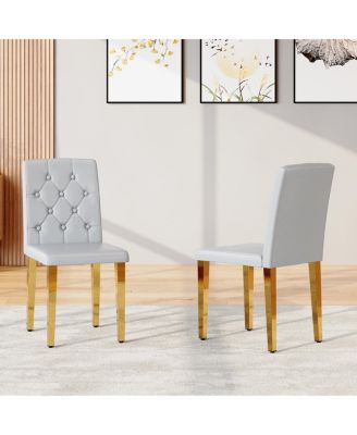 Streamdale Light Gray PU dining chairs, 2-pc set, ergonomic buckle back, gold legs.