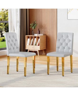 Streamdale Light Gray PU dining chairs, 2-pc set, ergonomic buckle back, gold legs.