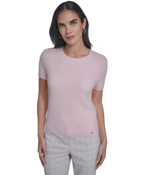 Petite Textured Short-Sleeve Sweater - Latte/Petal Pink