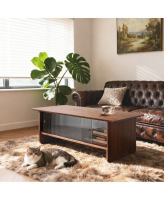 Modern minimalist 47-inch coffee table with storage and glass doors, Brown