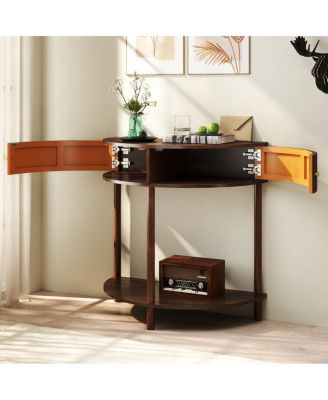 Artisan Wave-Pattern Demi-Lune Console Table, Woodgrain, 2 Drawers