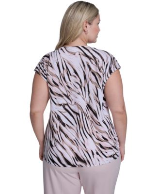 Plus Size Printed Cap Sleeve Cowl Neck Top