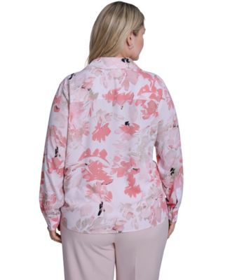 Plus Size Printed Long-Sleeve Ruffle-Front Top