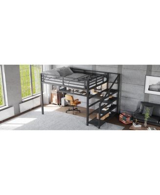Loft Bed with Desk and Storage Stairs, Metal Loft Bed with LED Lights & USB Ports