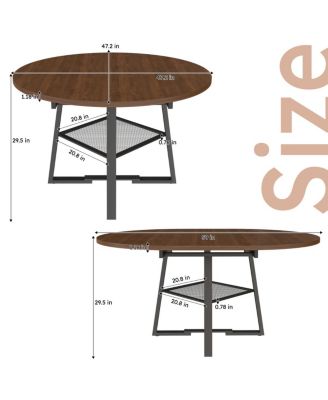  47" Extendable Round Dining Table with Storage, Walnut Finish & Metal Frame