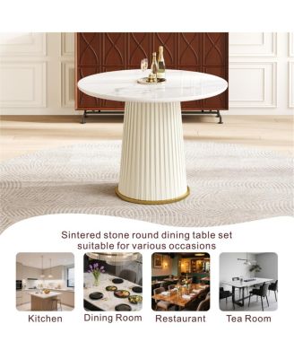 Modern 35.43" Round Dining Table, Glossy Sintered Stone Top, PU Leather Pedestal