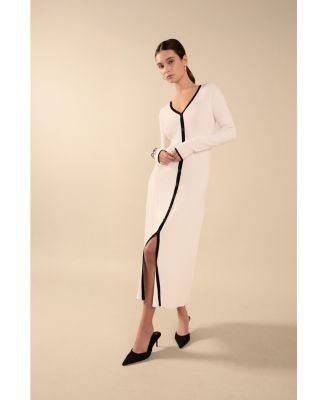 Women's Knit V Neck Long Sleeve Midi Dress