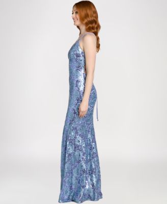 Juniors' Sequin Floral Pattern V-Neck Ball Gown