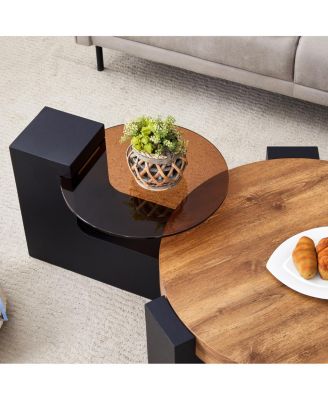  Modern Simple Double-Layer Round Coffee Table - Transparent Brown Glass Top