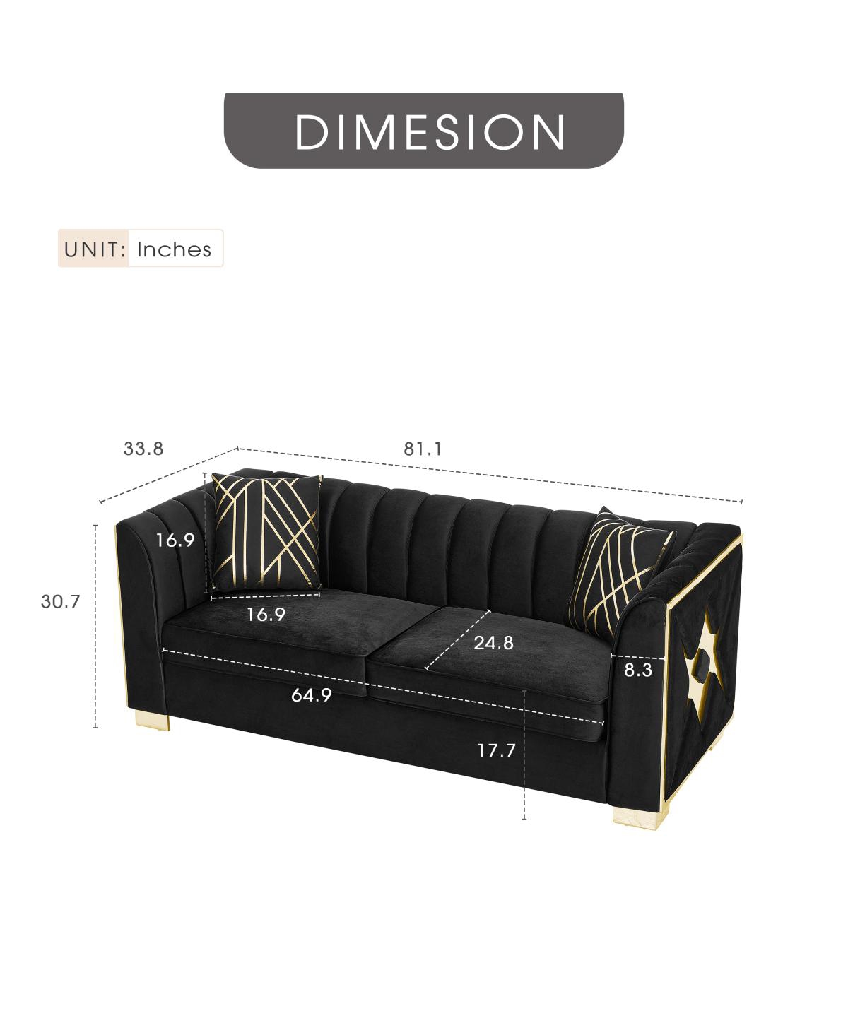 Streamdale Luxurious Velvet Sofa with Geometric Gold Hardware & Metal Feet