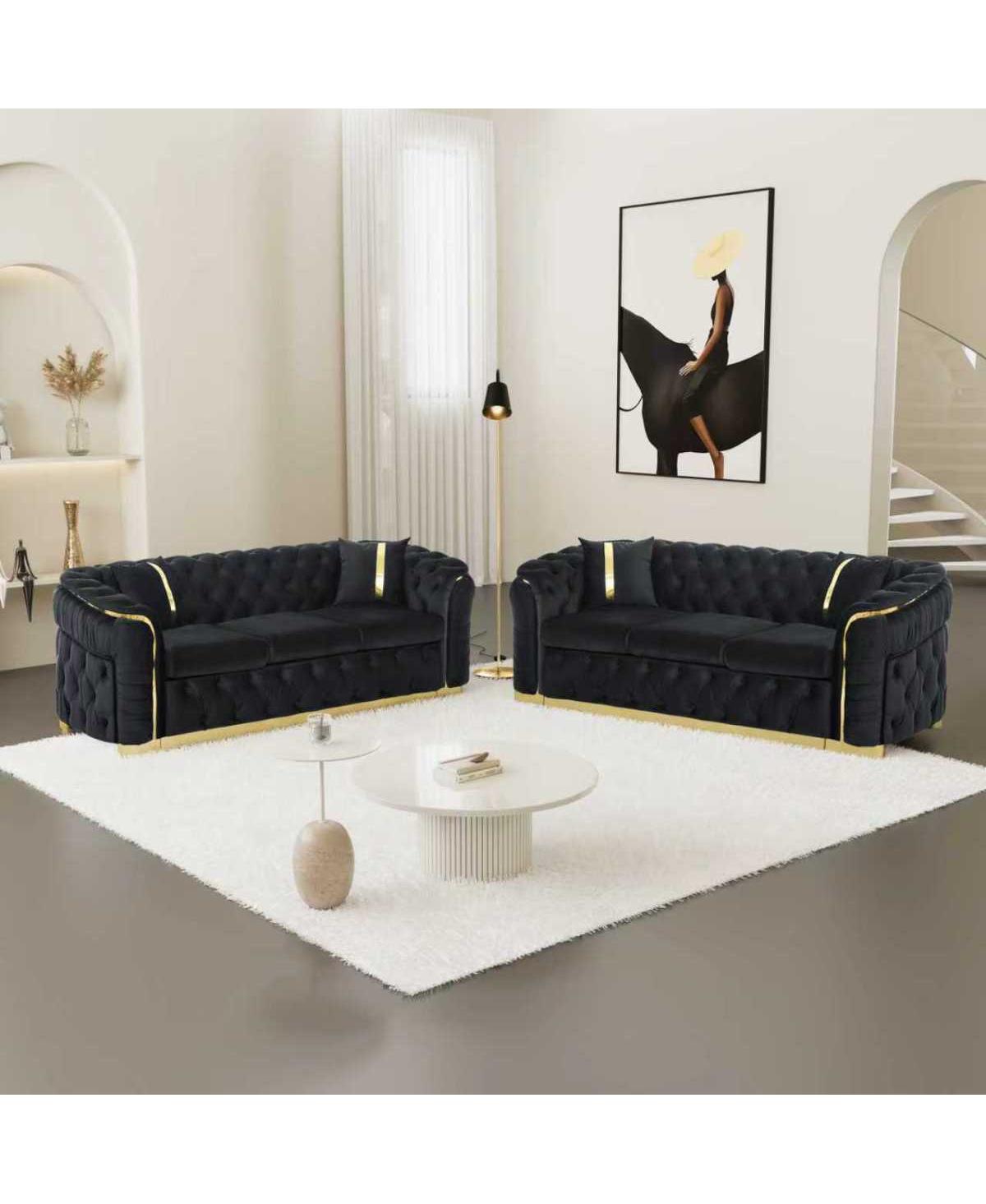 Streamdale Velvet Button Tufted Sofa Couch with 2 Pillows, 3 Seater Luxury Chesterfield Sofa Set