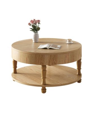 Coffee Table with Dual Storage, 31.5" Modern Round Table (Natural Wood