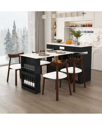  Kitchen Island Set with 4 Chairs, Extendable & Rotating Table, MDF Marble Veneer