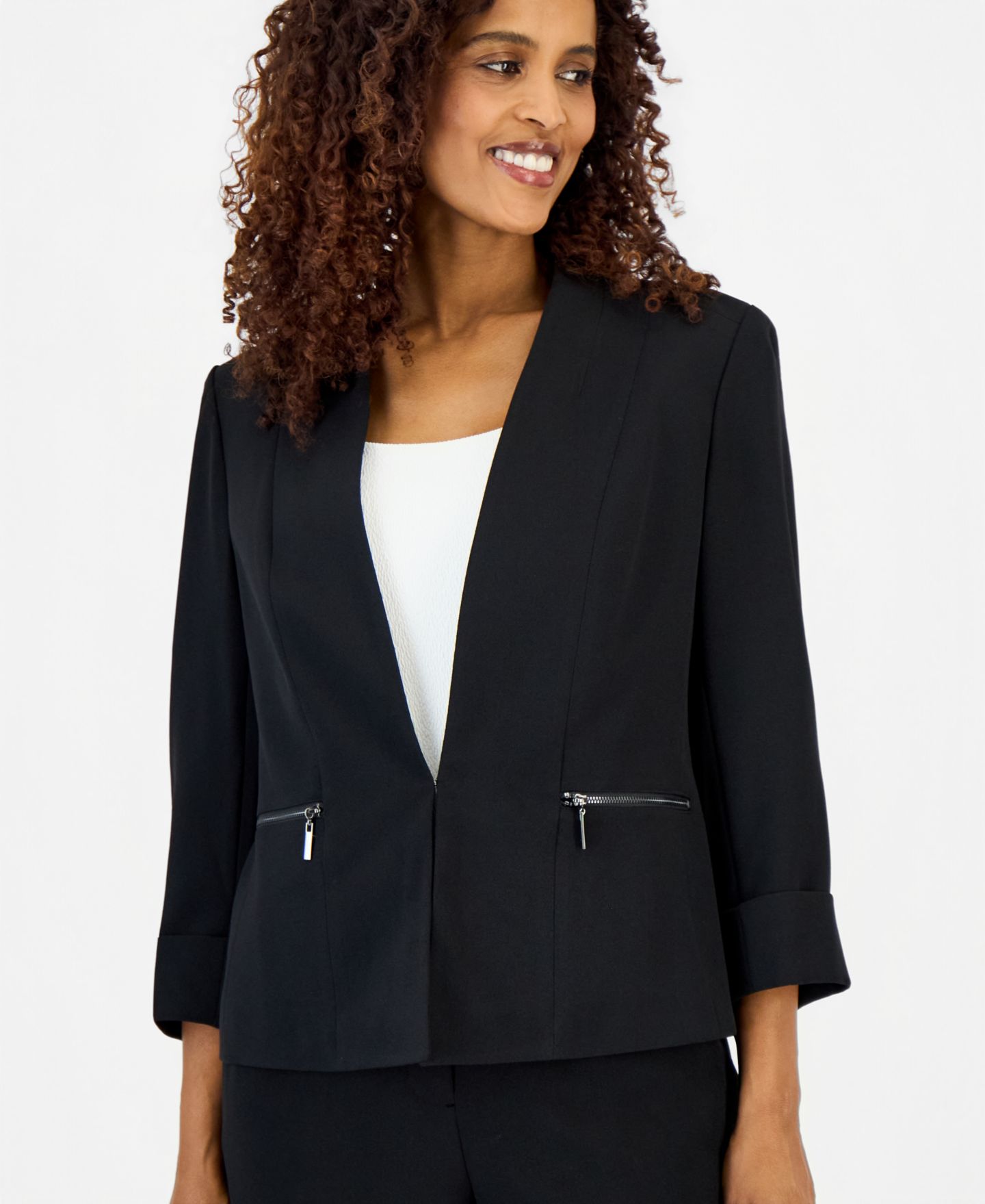Женский пиджак Kasper Stretch Crepe Collarless ¾-Sleeve Blazer, Regular & Petite, цвет: Чёрный — фото 4