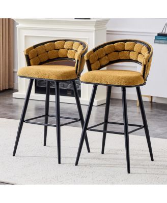  Set of 2 Yellow Velvet Bar Stools with Black Iron Legs