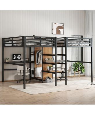 Twin Over Twin Metal Loft Bed with Double Desk, Wardrobe, Shelves & Outlet