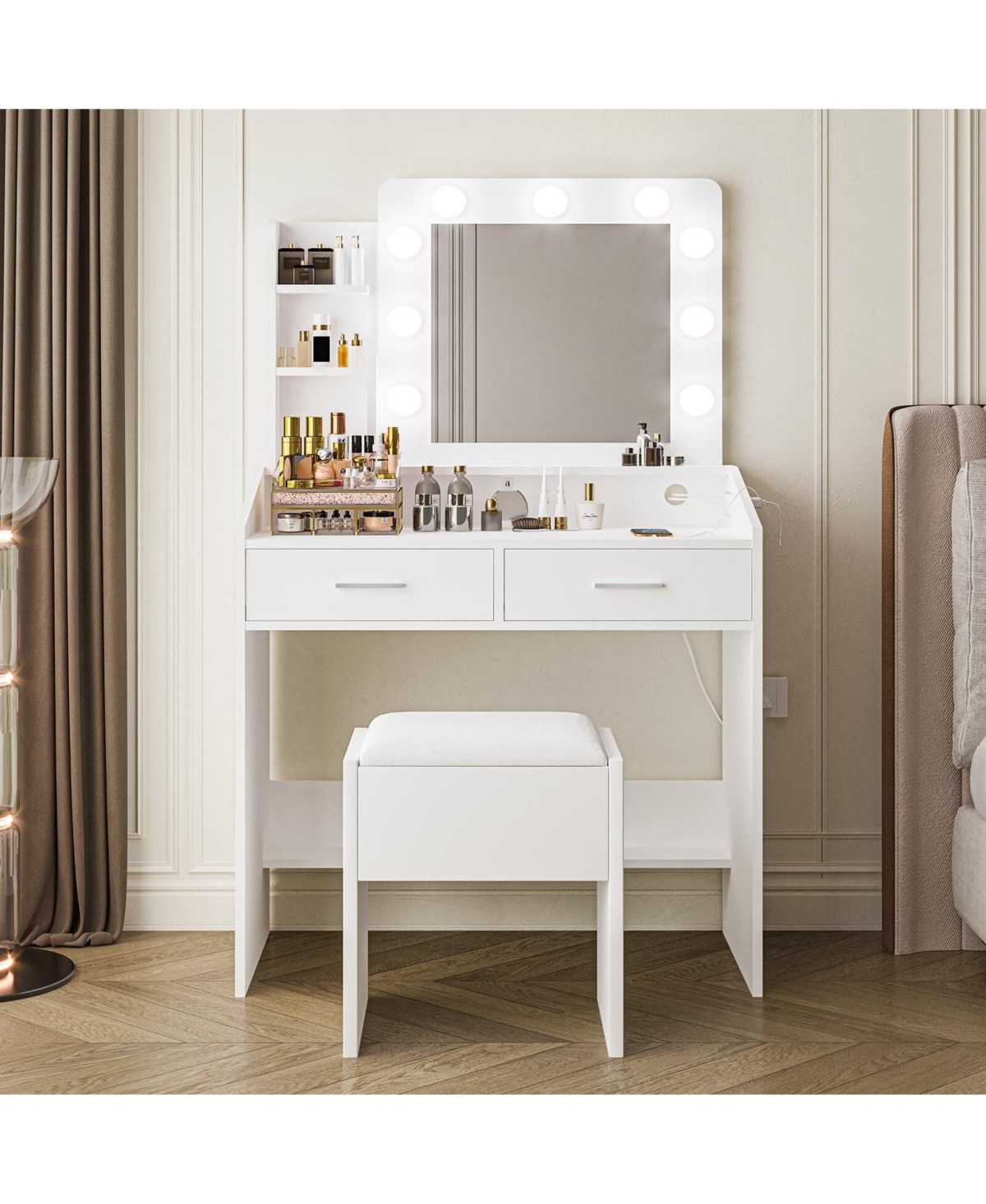 gaomon Vanity Desk with Mirror and Lights, Makeup Vanity with Power Outlet