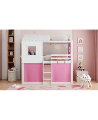 Twin Size Bunk Wood House Bed with Tent