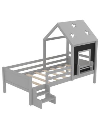 Twin House Bed with Stairs, Window, Bookcase, Blackboard, Star Roof
