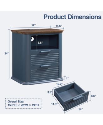 22" Fluted Nightstand with Charging Station, Modern Bedside Table with 2 Drawers and Open Storage for Living Room, Bedroom