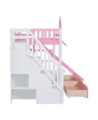 Twin-Over-Twin Castle Style Bunk Bed with 2 Drawers 3 Shelves and Slide - Pink
