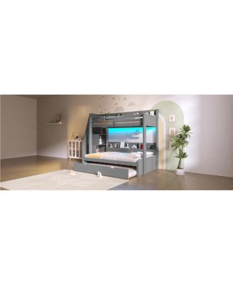 over Full Bunk Bed with Storage Stairs, Trundle, LED, USB