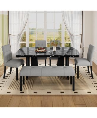 Modern Tufted Linen Dining Bench with Black Rubber Wood Legs