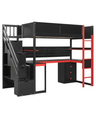 Twin Gaming Loft Bed with Storage Stairs, Desk, Shelves & Pegboard