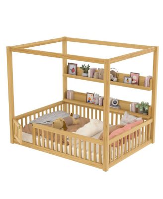 Canopy Bed with Guardrails & Shelves, Montessori Floor Bed Frame