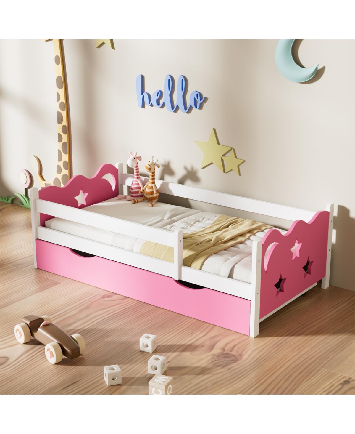 Streamdale Furniture Kids Wood Twin Bed with Drawer - Pink+white