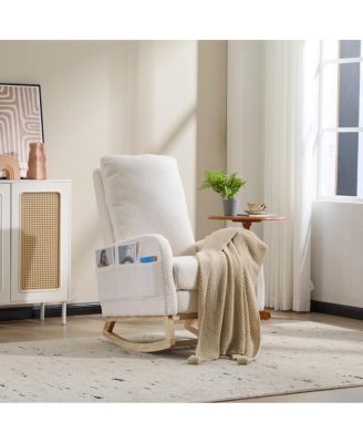 Modern Accent Rocking Chair with Solid Wood Legs & Side Pocket