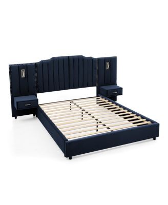 Queen Size Velvet Upholstered Bed Frame with Vertical Stripes