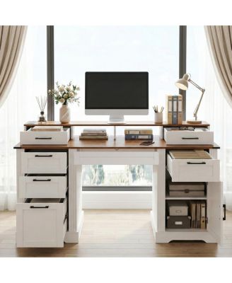 Farmhouse Office Desk with Charging Station & Storage Cabinet