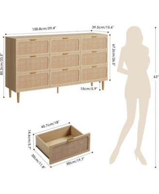 Rattan 9 Drawer Dresser for Bedroom, Tall Chest of Drawers with Deep Storage and Wide Top, Beige