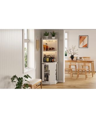 67.3" Farmhouse Corner Bar Cabinet with Power Outlet, Lights & Glass Rack