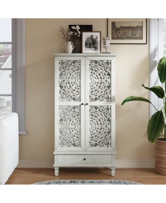 Rustic 55" Storage Cabinet with Drawer and Carved Wood Doors