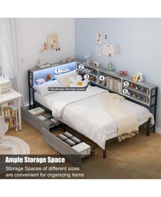 Streamdale  Furniture Twin Corner Daybed with Storage, Bookcase Headboard, LED & USB