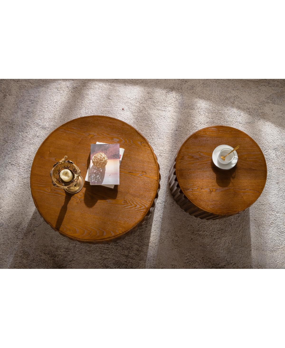 Streamdale Furniture Set of 2 Fluted Round Coffee Tables - Solid Wood Nesting Center Table (26.77"/19.69")