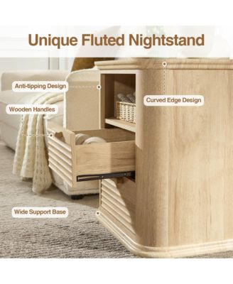 22" Fluted Nightstand with Charging Station, Modern Bedside Table with 2 Drawers and Open Storage for Living Room, Bedroom