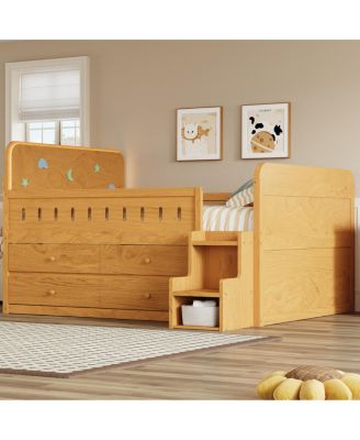 Wooden Full Size Bed with LED Light, Storage Drawers