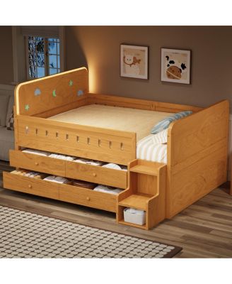 Wooden Full Size Bed with LED Light, Storage Drawers