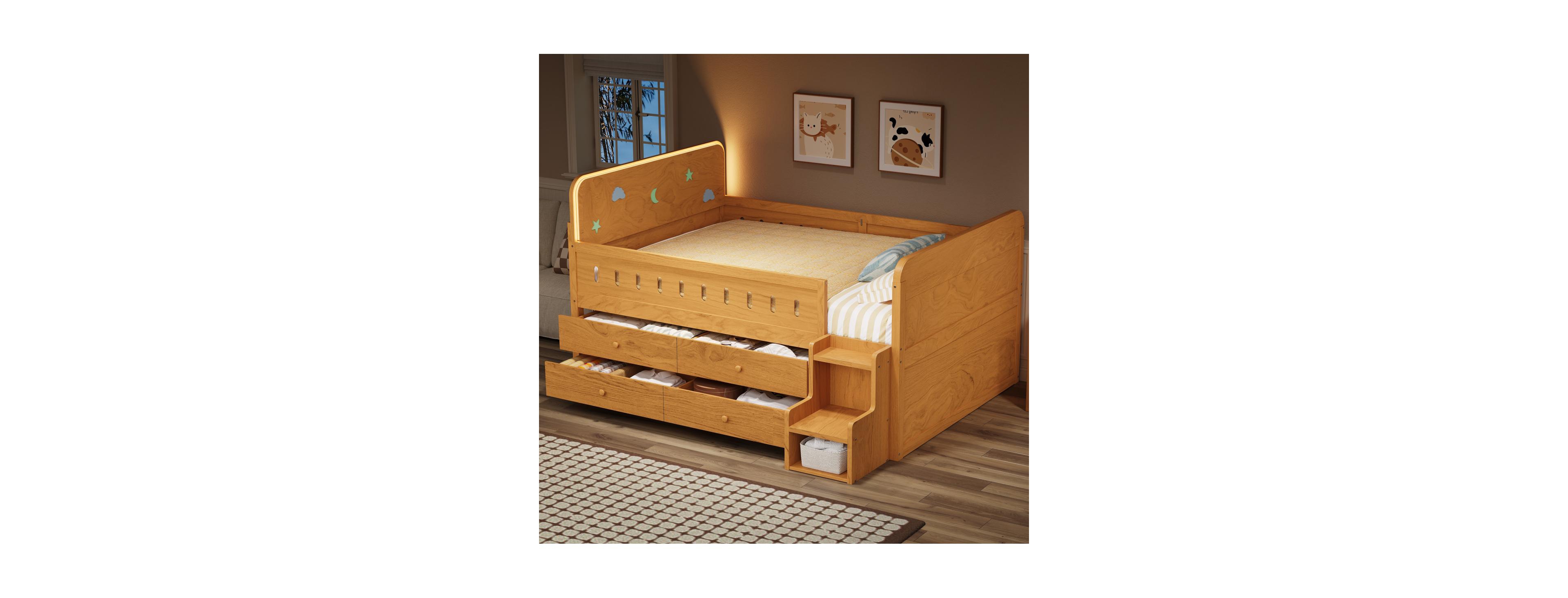 Streamdale Furniture Wooden Full Size Bed with Led Light, Storage Drawers